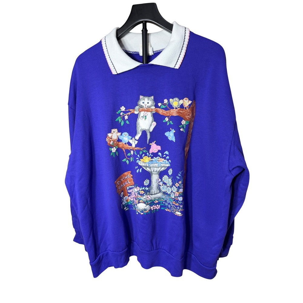 Vintage Basic Editions Purple Cat Diving School Graphic Sweatshirt Collared 2X